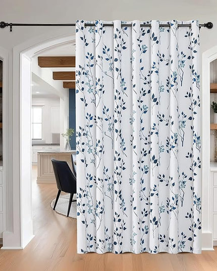 Beauoop Floral 100% Blackout Curtains 84 Inch Length 1 Panel for Patio Sliding Door Extra Wide Navy Blue Flower Patterned Divider Room Darkening Thermal Soundproof Grommet Window Drapes, 100x84, 1 set