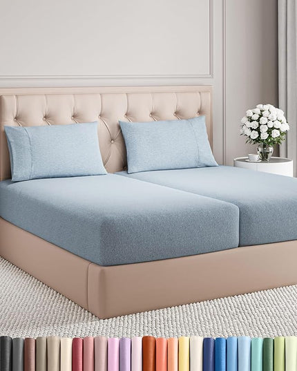 Split King Size 5 Piece Sheet Set - Comfy Breathable & Cooling Bed Sheets Set - Hotel Luxury Bedding for Women, Men, Kids, Teens, Boys & Girls - Deep Pockets & Wrinkle Free - Blue (Heathered Sheets)