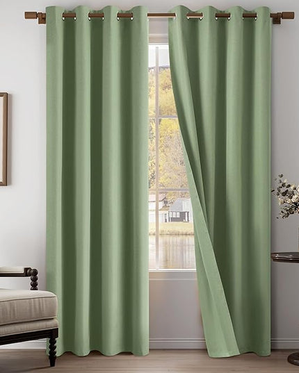 100% Blackout Linen Textured Curtains 95 Inch Length 2 Panels Set for Living Room, Bedroom, Light Weight Curtains with Grommets Top, Full Blackout Curtains Privacy Protection, Green, 52" W x 95" L