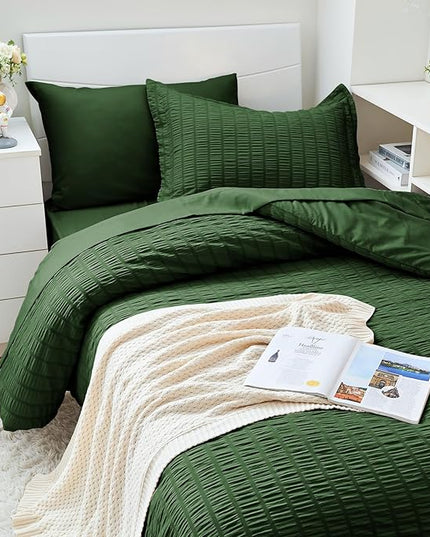 HYMOKEGE Dark Green Twin XLComforter Set Seersucker 5 Pieces, All Season Luxury Bed in a Bag for Bedroom, Bedding Set with Comforter, Sheets, Pillowcase & Sham
