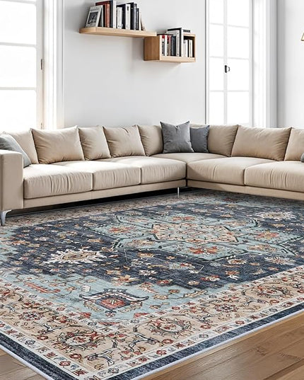 Washable Oriental Area Rug - 10x14 Rugs for Living Room Soft Carpet for Bedroom Waterproof Floral Distressed Indoor Stain Resistant Non-Shedding Floor Carpets (Blue/Teal/Orange, 10X14)