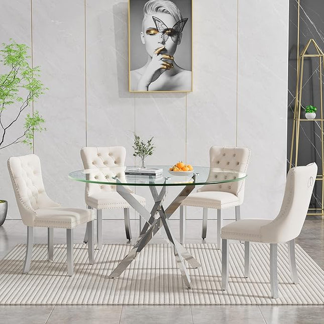 HomVent 5 Piece Round Glass Dining Table Set, Tempered Glass Dinner Table Set for 4 Kitchen Table Set with 4 Velvet Upholstered Chairs for Kitchen Dining Room