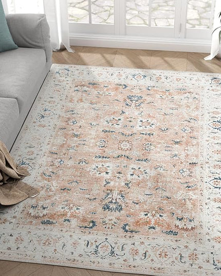 jinchan Area Rug 4x6 Bedroom Rug - Washable Vintage Boho Floral Print Lightweight Low Pile Thin Non-Slip Floor Cover Retro Distressed Carpet for Living Room Dining Room Kitchen Office Pink Blush