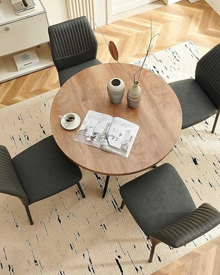37" Round Dining Table Set for 4, Mid Century Modern Small Coffee Set for Dining Room Kitchen Apartment (Walnut Table + 4 PU Leather Dark Grey Chairs)
