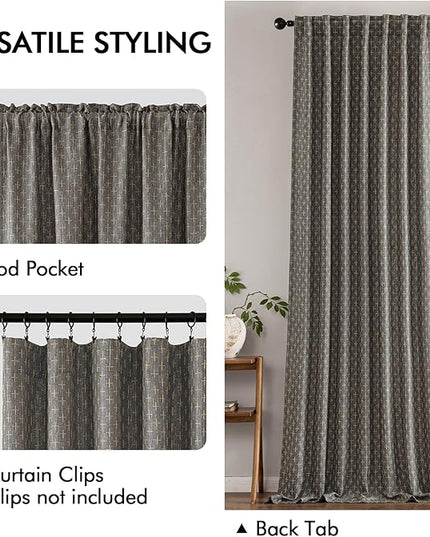 MIULEE Decorative Back Tab Linen Curtains with Geometric Pattern for Living Room Bedroom Farmhouse Rustic Thick Woven Textured Patterned Mudcloth Drapes 96 Inches Long 2 Panels Set, Dark Grey