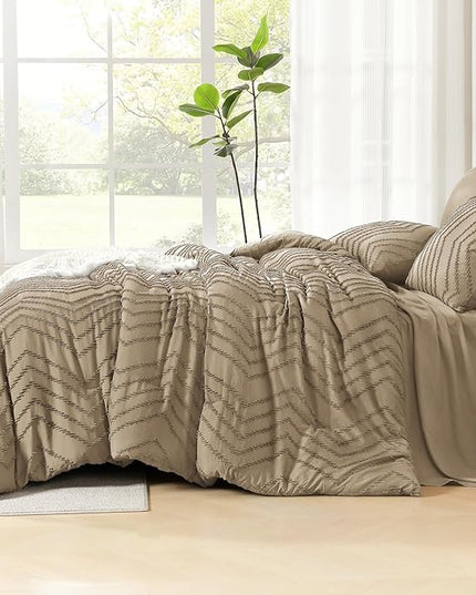 Litanika Oversized Queen Size Comforter Set with Sheets Taupe - 7 Pieces Bed in a Bag Oversized Queen Boho Tufted Complete Bedding Sets with Comforter, Sheets, Pillowcases & Shams