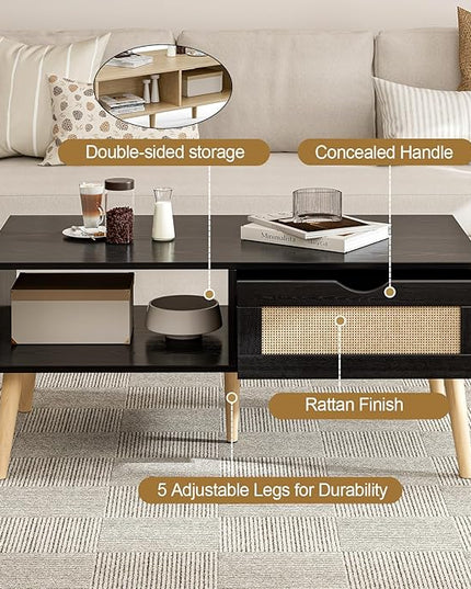 Wood Coffee Table with Storage, Boho Dining Table with Sliding Rattan Door Panel and Solid Wood Legs, Small Coffee Tables for Living Room, Black