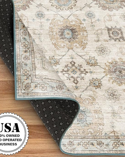 ReaLife Rugs Machine Washable Area Rug Runner - Living Room Bedroom Bathroom Kitchen Entryway Office - Padded Low Pile Stain Resistant Premium - Boho Farmhouse Vintage - Bryn - Beige Seafoam 2'6"x6'