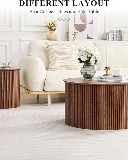 Fluted Round Nesting Coffee Table Set of 2, Mid Century Modern Wood Coffee Table and End Table Set, Minimalist Center Tables Circle Side Table for Living Room, Office(Walnut)