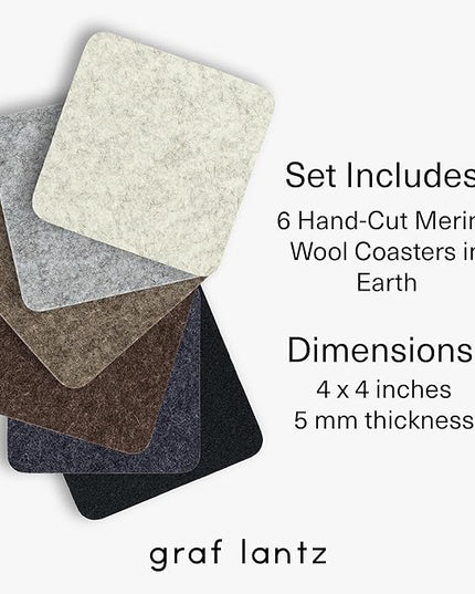 Graf Lantz - Bierfilzl Merino Wool Square Coasters Set of 6 - Earth (4"x4"x5mm) - Absorbs 30% of Weight - Natural German Wool - Heat Resistant, Sustainable, Reusable - Home Decor & Coffee Table Decor