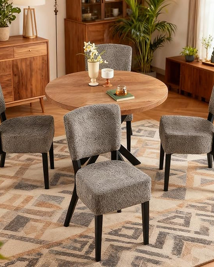 5-Piece Round Dining Table Set, Modern Small 37" Kitchen Table Chairs Set, Upholstered Stackable Dining Chairs with Black Metal Legs for Living Room Apartment, Space-saving, Imitation Wood&Grey