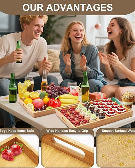 Wooden Serving Tray with Handles Decorative Bamboo Large Coffee Table Food Trays for Breakfast Dinner Bed Restaurants Party or Home Decor Outdoor Scenarios 2 Packs