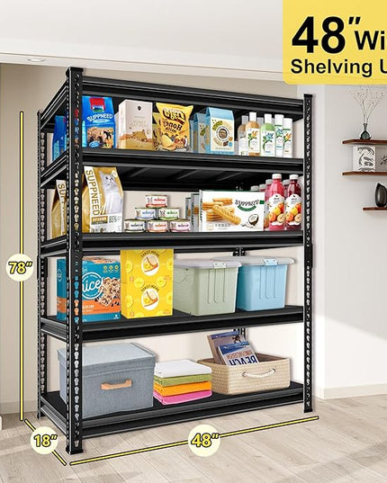 Metal Heavy Duty Garage Shelves: 48''W 2,500Lbs Steel Adjustable Storage Industrial Utility Shelving Rack Units 5 Tier Black 48" W x 18" D x 78" H