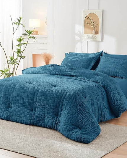 HYMOKEGE Teal Twin Comforter Set Seersucker 5 Pieces, All Season Luxury Bed in a Bag for Bedroom, Bedding Set with Comforters, Sheets, Pillowcase & Sham