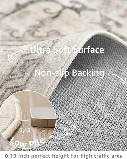 jinchan Round Rug 5ft Area Rug Indoor Vintage Floral Circle 5' Washable Ultra-Thin Low Pile Soft Small Non Slip Distressed Print for Living Room Dining Room Bedroom Entryway Taupe