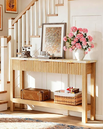 47.2" Fluted Console Table with 3 Drawers, Long Sofa Table with Storage Behind Couch, Modern Entryway Table with Power Outlet & Open Storage for Entrance/Hallway/Foyer/Living Room, Oak