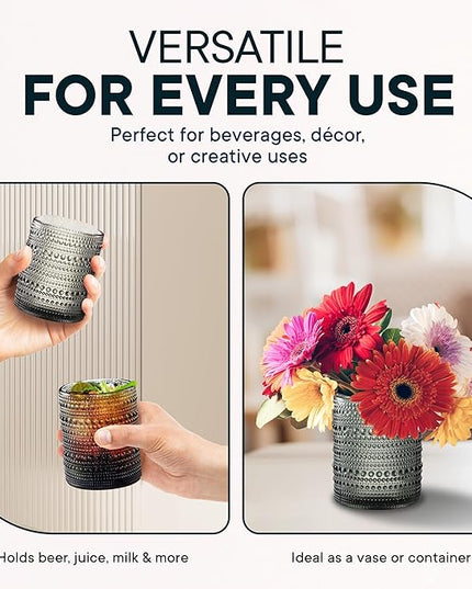 12 OZ Hobnail Drinking Set of 12 – Vintage Embossed Glassware, Textured Tumblers for Water, Beer, Cocktails, Mocktails, Whiskey & More – Includes Straws and Coasters – Smokey Gray