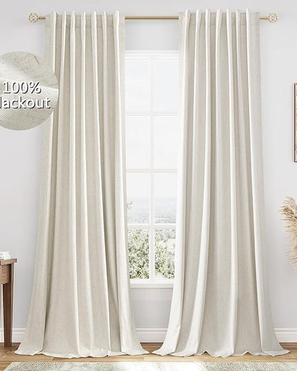 Guken Cream Linen Blackout Curtains 90 Inch Length 2 Panels Set for Living Room Bedroom Back Tab Thermal Insulated 100% Black Out Linen Drapes Room Darkening Window Curtains
