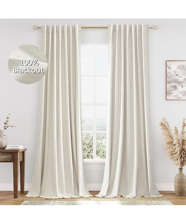 Guken Cream Linen Blackout Curtains 90 Inch Length 2 Panels Set for Living Room Bedroom Back Tab Thermal Insulated 100% Black Out Linen Drapes Room Darkening Window Curtains