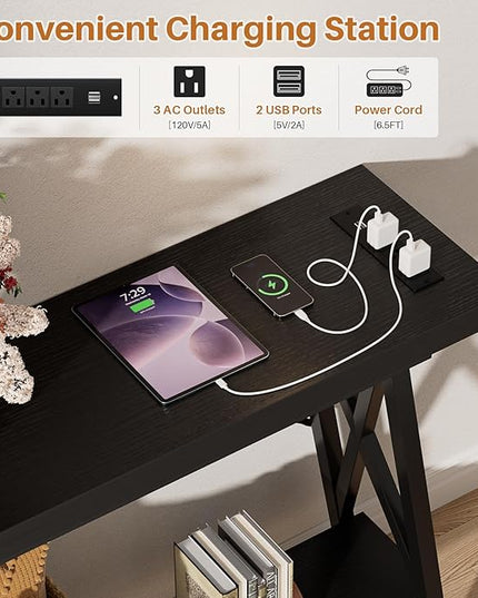 Homieasy 70.9 Inch Extra Long Console Table, Industrial Sofa Table Behind Couch with Charging Station & Storage Shelf, Entryway Table for Living Room & Entryway, Black