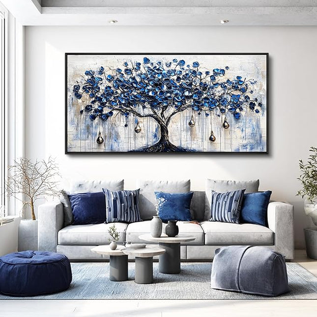XIGUANGART Tree of Life Large Wall Art Modern Abstract Paintings Watercolor Blue Farmhouse Framed Artwork for Walls Canvas Prints Pictures Wall Decor for Living Room Bedroom Home Office Decoration