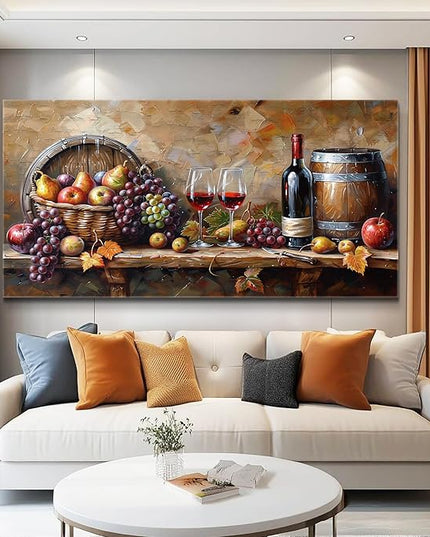 XIGUANGART Red Wine Glass Wall Art Grape Barrel Painting Kitchen Artwork Prints for Dinning Room Bar Large Canvas Wall Decor for Living Room Office Fruit Still Life Picture Modern Home Decoration