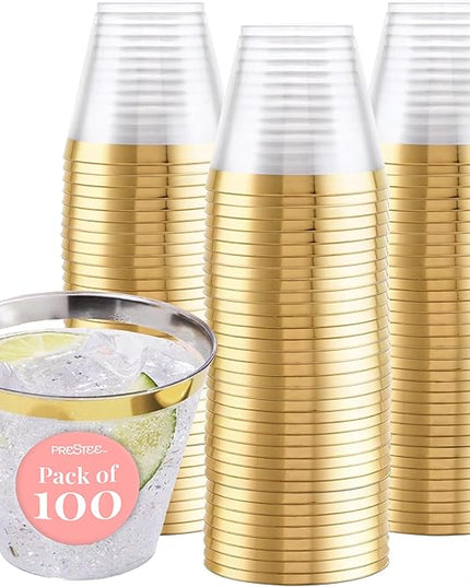 Prestee 100-Pack 9oz Gold Rimmed Plastic Cups Disposable Wine Glasses for Charcuterie, Weddings, Parties, and Events - Elegant Cocktail and Drinking Cups for Champagne, Martini, and Mocktails