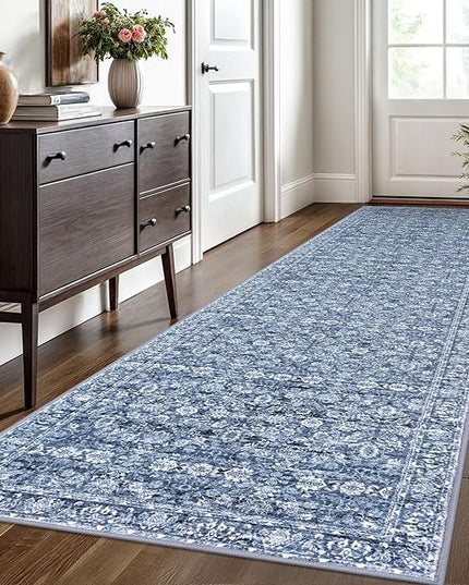 3x10 Washable Runner Rug for Kitchen, Blue Soft Classic Runner with Non-Slip, Non-Shedding Distressed Floral Rug for Hallways Entryway Bedroom Bathroom Laundry Indoor