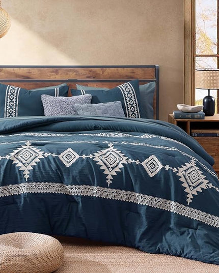 MaiRêve Embroidery King Size Comforter Set Navy Blue, Boho Farmhouse Western Bedding Set 7 Pieces, All Season Bed in A Bag Comforter Set with Sheets, Pillowcases & Shams