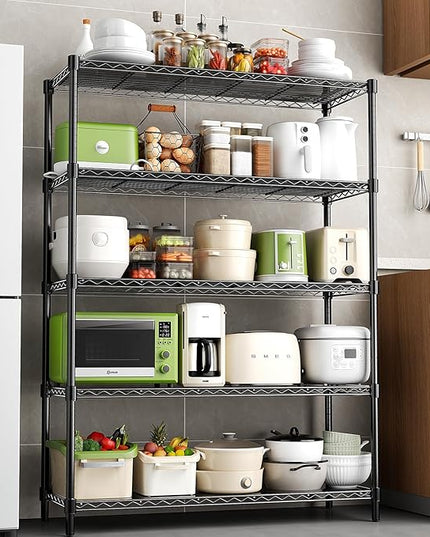 48" W Storage Shelves 5-Tier Wire Shelving, 1875LBS Adjustable Metal Shelving with 5 Shelf Liners, Heavy Duty Steel Wire Rack for Garage Commercial Pantry Kitchen, 48" W x 18" D x 72" H, Black