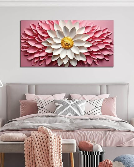Ouzzlie Flower Canvas Wall Art for Living Room Bedroom Home Office Pink Picture Art Modern Large Floral Wall Decor Prints White Artwork 24" x 48"