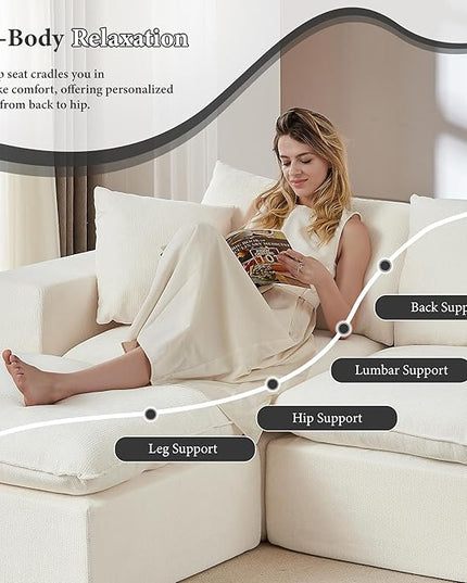 108" Sectional Couches for Living Room Boneless Couch Upholstered Cloud Couch Sectional Modular Sectional Sofa with L Shaped (Chenille-White, 3 Seat+1 Ottoman)
