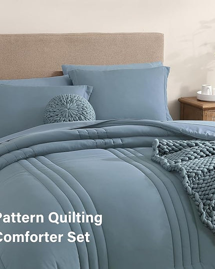 Monbix King Size Comforter Set - 7 Pieces Bed in a Bag King, Dusty Blue Bedding Sets with Comforter, All Seasons Comforter Bed Set with Sheets, Pillowcases & Shams