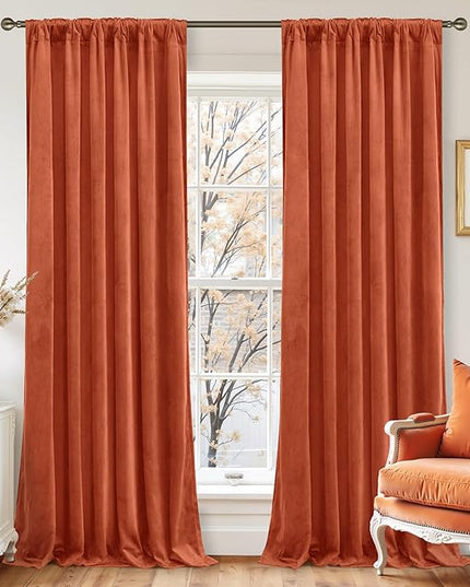 LAMIT Terracotta Velvet Curtains 84 Inch for Living Room, Rust Fall Decor Room Darkening Panels for Farmhouse Thermal Noise Reducing Bedroom Drapes with Back Tab and Rod Pocket, 2 Panels, 52 x 84 Inch