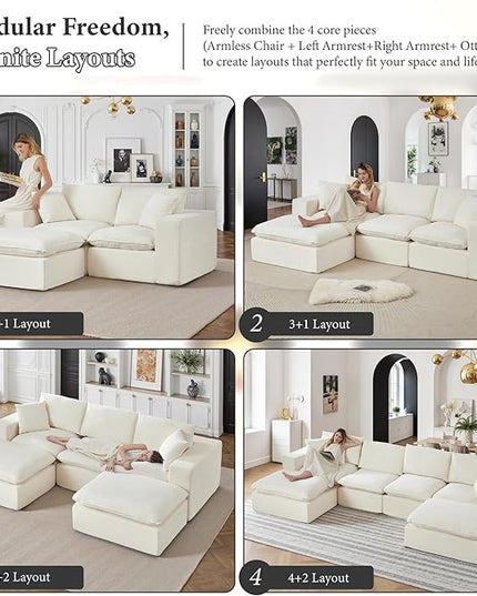 108" Sectional Couches for Living Room Boneless Couch Upholstered Cloud Couch Sectional Modular Sectional Sofa with L Shaped (Chenille-White, 3 Seat+1 Ottoman)