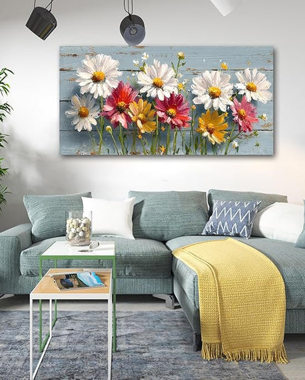 KZKU Rustic Daisy Floral Canvas Wall Art-White Pink Yellow Flowers on Blue Wood Background- Large Modern Farmhouse Decor for Living Room Bedroom24X48in