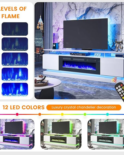 Modern Table Set Includes 70" Fireplace TV Stand & 47" Coffee Table with Charging Station and USB Ports, for Living Room, White & Black