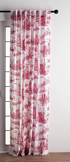 Maison d' Hermine Curtains for Living Room 100% Cotton 108 inch Length Two Panels Light Filtering Toile Curtains for Bedroom with Rod and Loop Pockets (Calais Red (White Background), 50" W x 108" L)