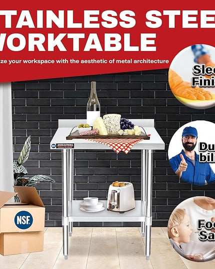 DuraSteel NSF Commercial Kitchen Table - 24 x 30 Inch Cooking Prep Stainless Steel Kitchen Island Workstation w/ Adjustable Under Shelf - Heavy Metal Backsplash Workbench For Restaurant, Home, Garage