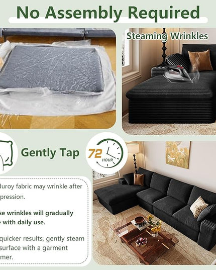 136" Cloud Couch Modular Sectional Sofa for Living Room, L-Shape Boneless Couch with Deep Seat, Modern Corduroy 4-Seater, No Assembly Required (Black,Left-Facing Chaise)