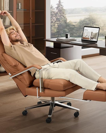 Reclining Office Chair with Footrest - 25.6" Wide Seat & Adjustable Seat Depth, Big and Tall High Back Leather Executive Home Office Desk Chair 400lbs, Brown