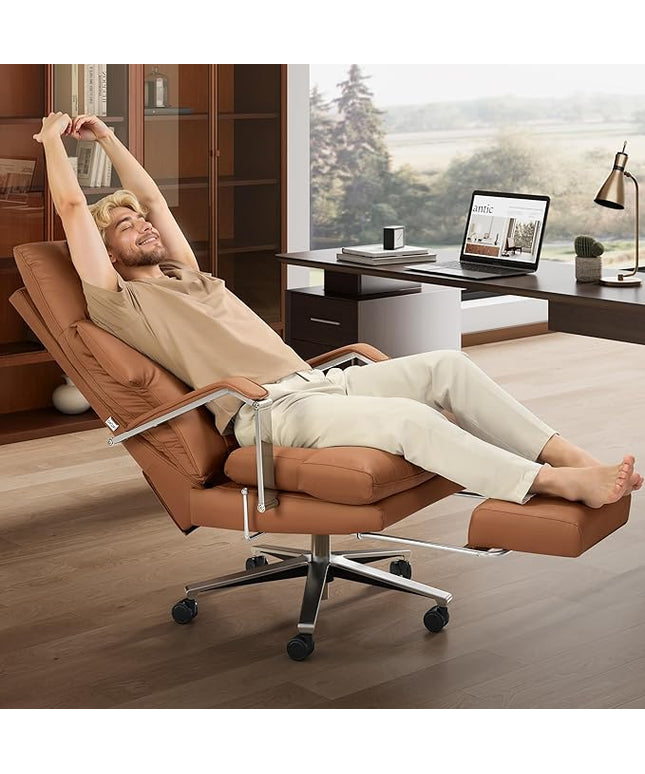 Reclining Office Chair with Footrest - 25.6" Wide Seat & Adjustable Seat Depth, Big and Tall High Back Leather Executive Home Office Desk Chair 400lbs, Brown