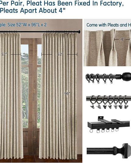 LETAU Pinch Pleated Linen Texture Brown Curtains 108 inches Long, Extra Wide 100% Blackout Privacy Window Curtains Panels Drapery, 120" W x 108" L, 2 Panels