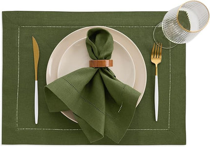 Solino Home Linen Cloth Placemats Set of 4-100% Pure Linen Hemstitch Olive Placemats 14 x 19 Inch - Classic Hemstitch Table Place Mats for Christmas, New Year