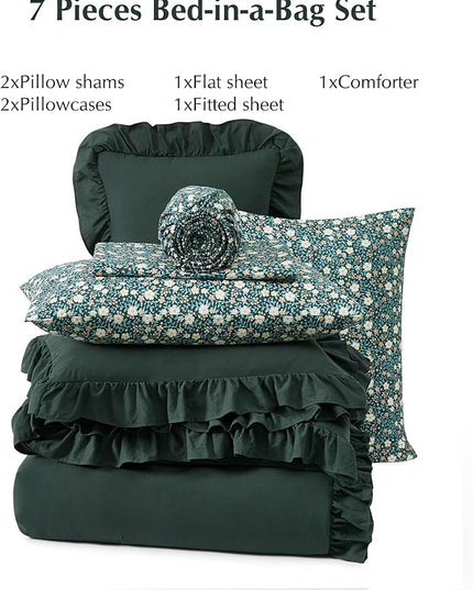 King Comforter Set - 7 Pieces Ruffle Forest Green Bedding Sets, Shabby Chic Farmhouse Bed in a Bag with Ruffle Comforter, Floral Sheets, Pillowcases & Shams