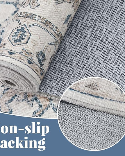 jinchan Lima Machine Washable Area Rugs 4x6 - Vintage Floral Stain Resistant Low Pile Ultra-Thin Non Slip Accent Rug for Bedroom Living Room Kitchen Dining Room Entryway (4x6ft, Blue)