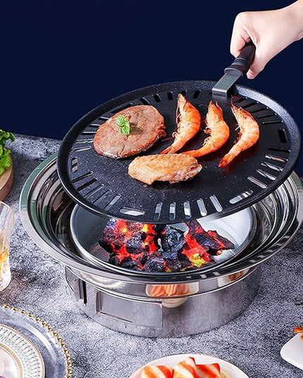 Portable Korean Style Stainless-Steel Barbecue Grill, Charcoal BBQ Round Grill Stove for Outdoor Camping, Picnicking & Parties 1~4 People, 13.8" DIA