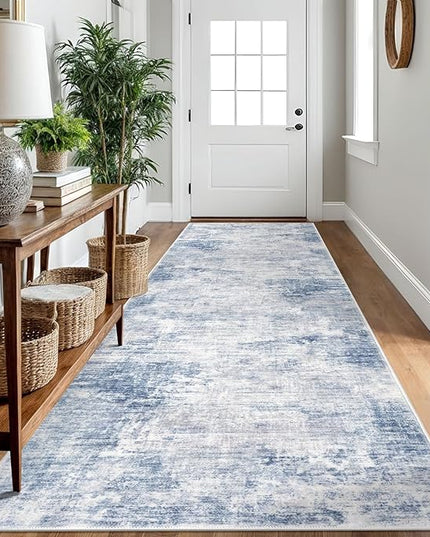 IOHOUZE Abstract Runner Rug 3x10 Ft Washable Runners for Hallways, Non Slip Kitchen Runner Printed Faux Wool Entryway Runner Indoor, Modern Abstract Floor Carpet for Hall Bedroom, Light Blue White