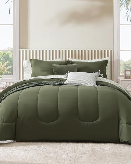Monbix Queen Comforter Set - 7 Pieces Olive Green Bed in a Bag Queen Track Stitching Bedding Sets, All Seasons Down Alternative Comforter Bed Set with Sheets,Pillowcases & Shams