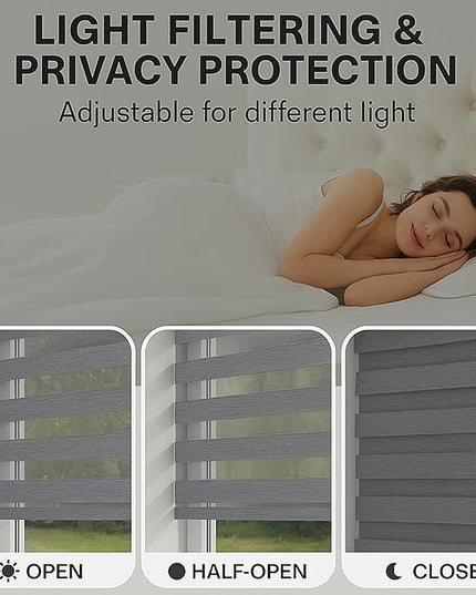 Shadesu Cordless Zebra Blinds for Windows, 59" W x 72" H, Grey, Dual Layer Free-Stop Zebra Shades, Light Control for Day and Night, Sheer Blinds for Indoor Windows, Bedroom, Kitchen